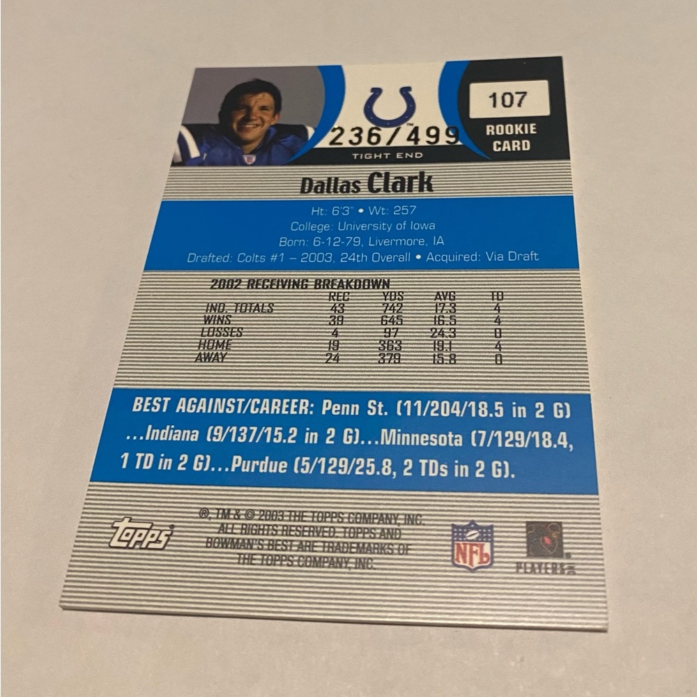 Dallas Clark 2003 RC Rookie Rare insert! Topps Football Card Refractor insert - Picture 2 of 4